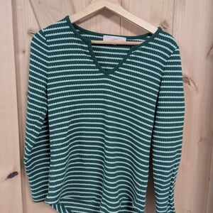 LOFT Women's Forest Green and White Striped Knit Top Size S Petite